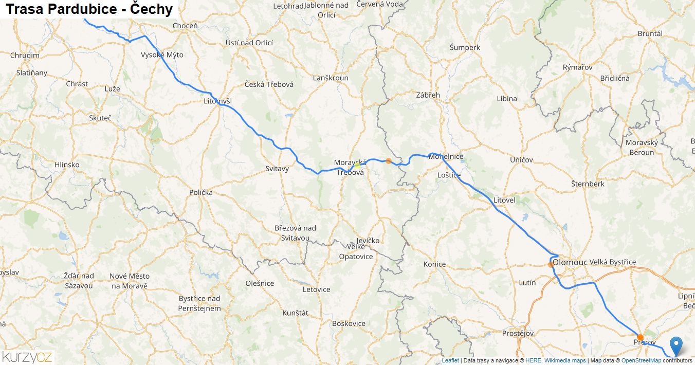 Pardubice-Čechy, mapa trasy