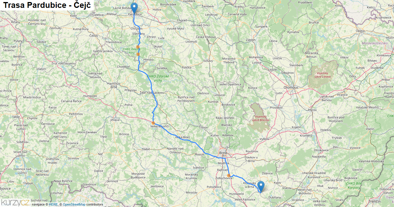 Pardubice-Čejč, mapa trasy