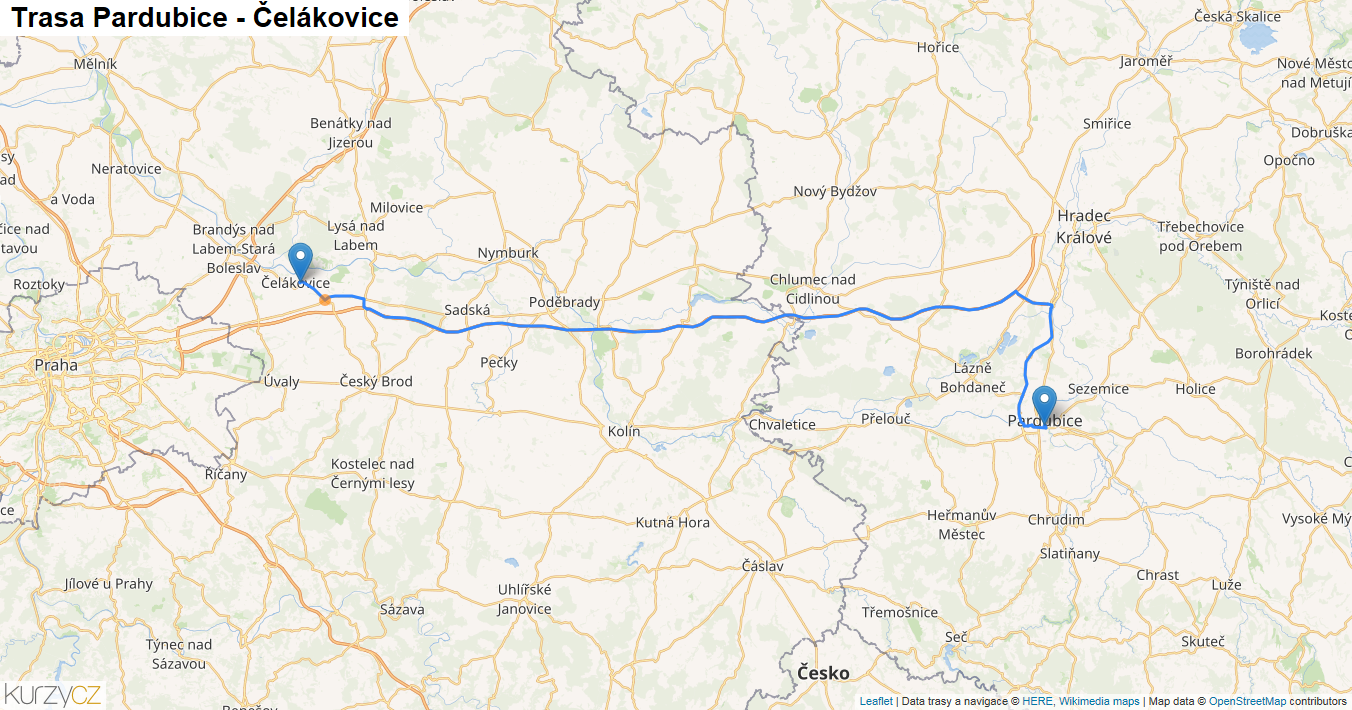Pardubice-Čelákovice, mapa trasy
