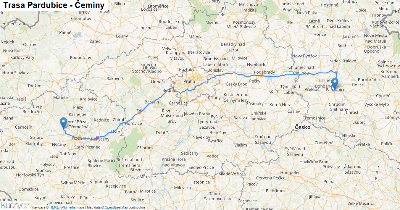 Pardubice-Čeminy, mapa trasy