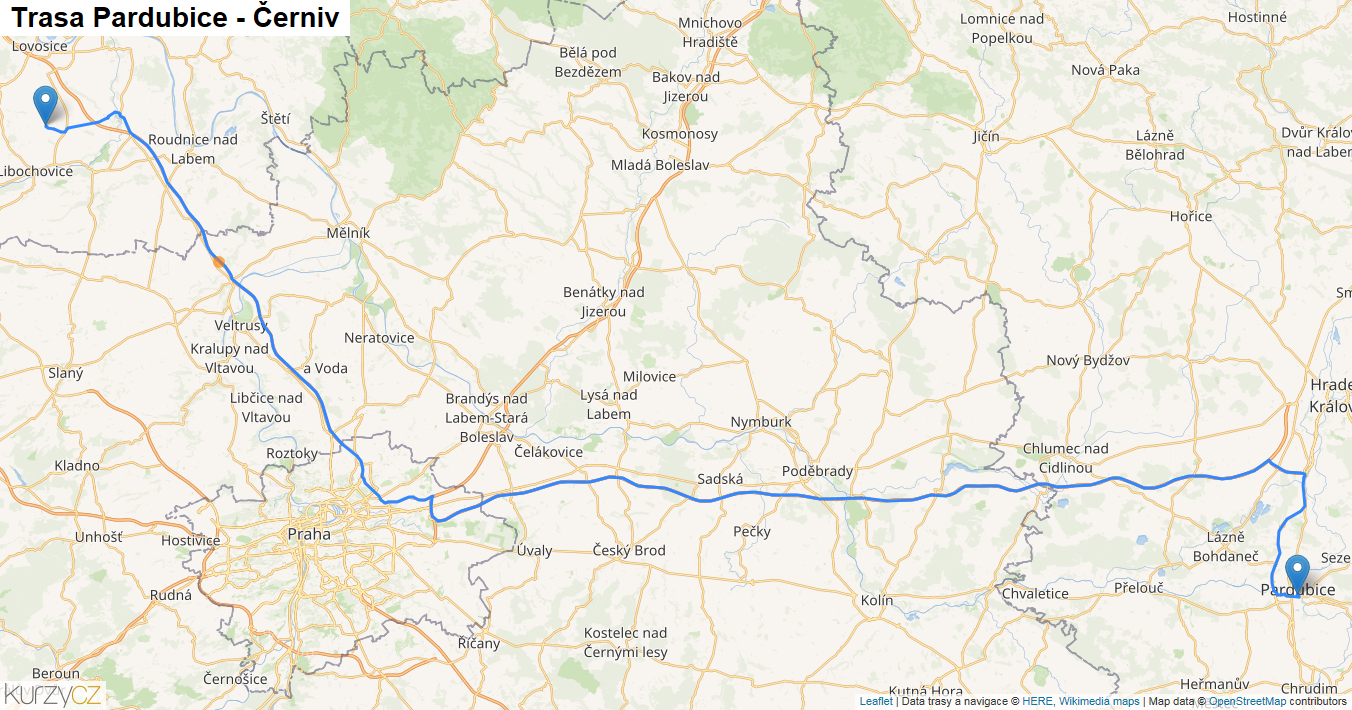 Pardubice-Černiv, mapa trasy
