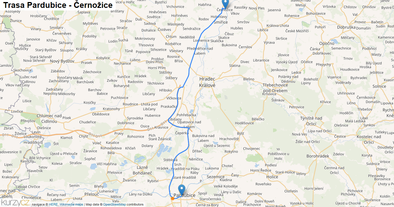 Pardubice-Černožice, mapa trasy