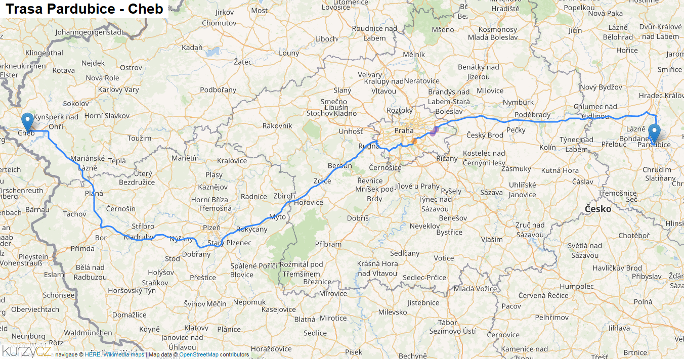 Pardubice-Cheb, mapa trasy