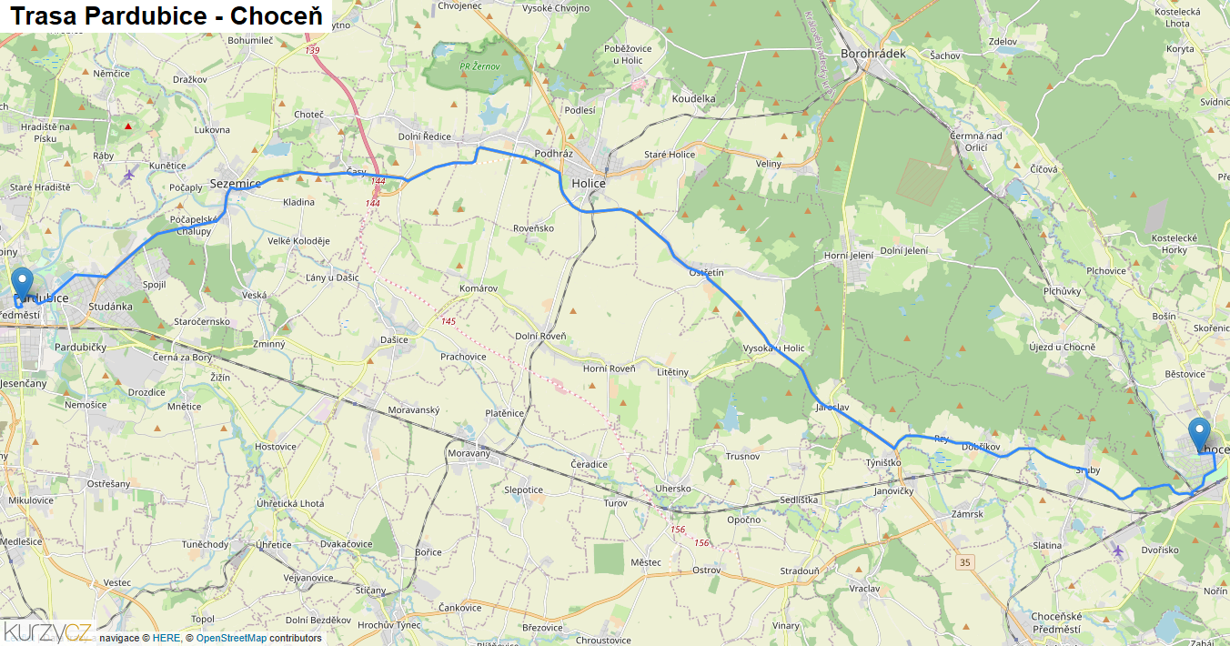 Pardubice-Choceň, mapa trasy