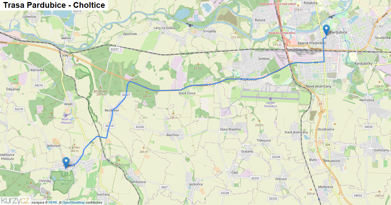 Pardubice-Choltice, mapa trasy