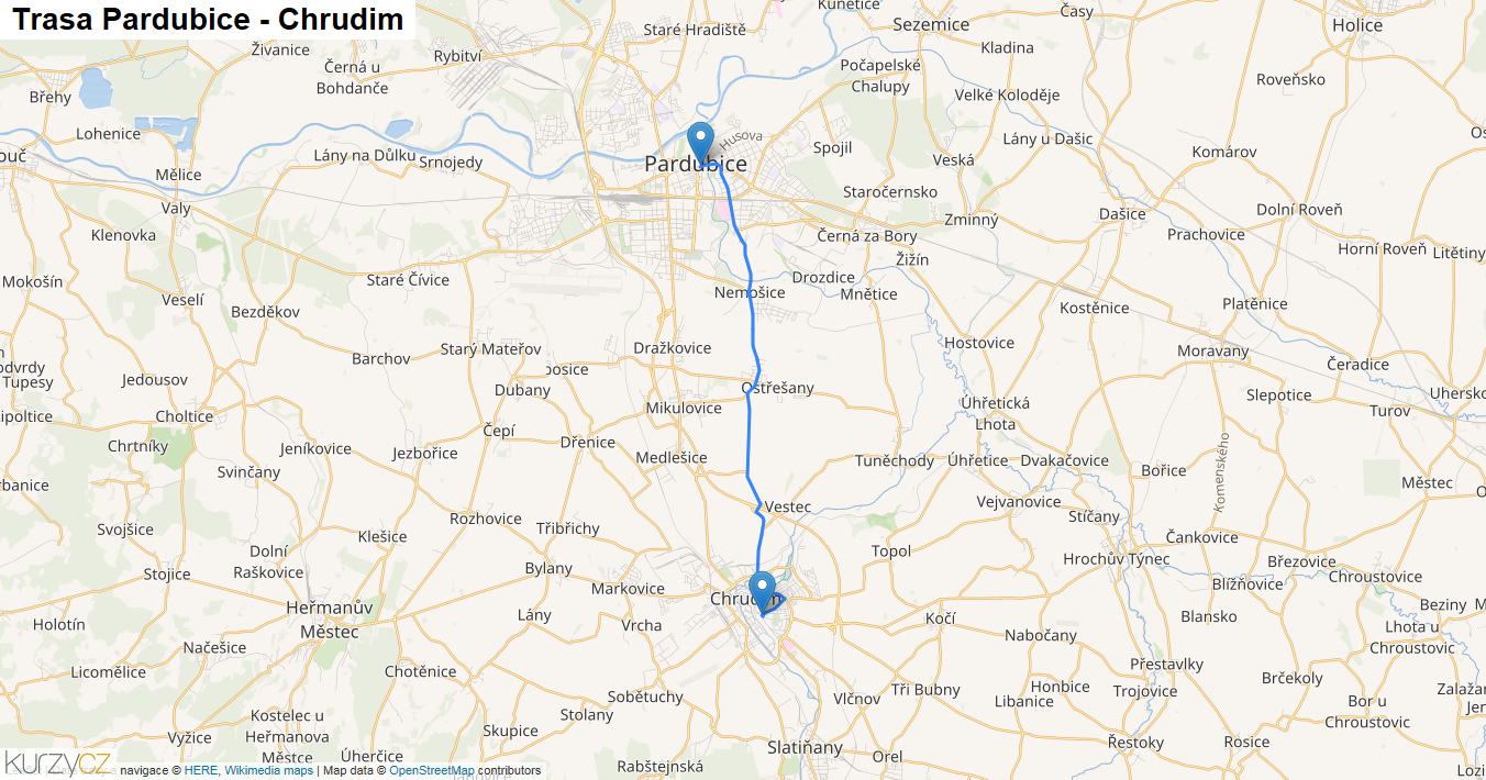 Pardubice-Chrudim, mapa trasy