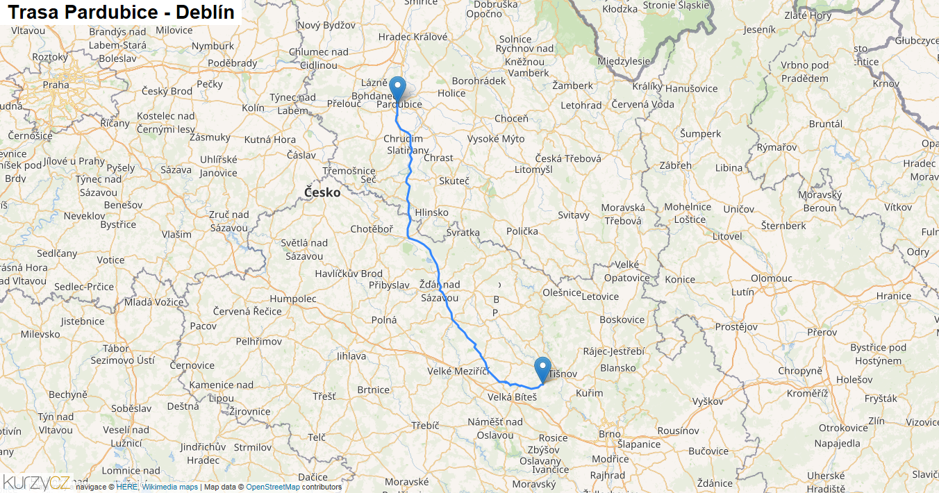 Pardubice-Deblín, mapa trasy