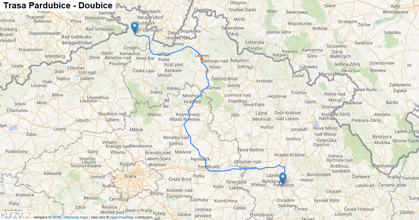 Pardubice-Doubice, mapa trasy