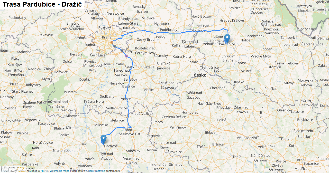 Pardubice-Dražíč, mapa trasy