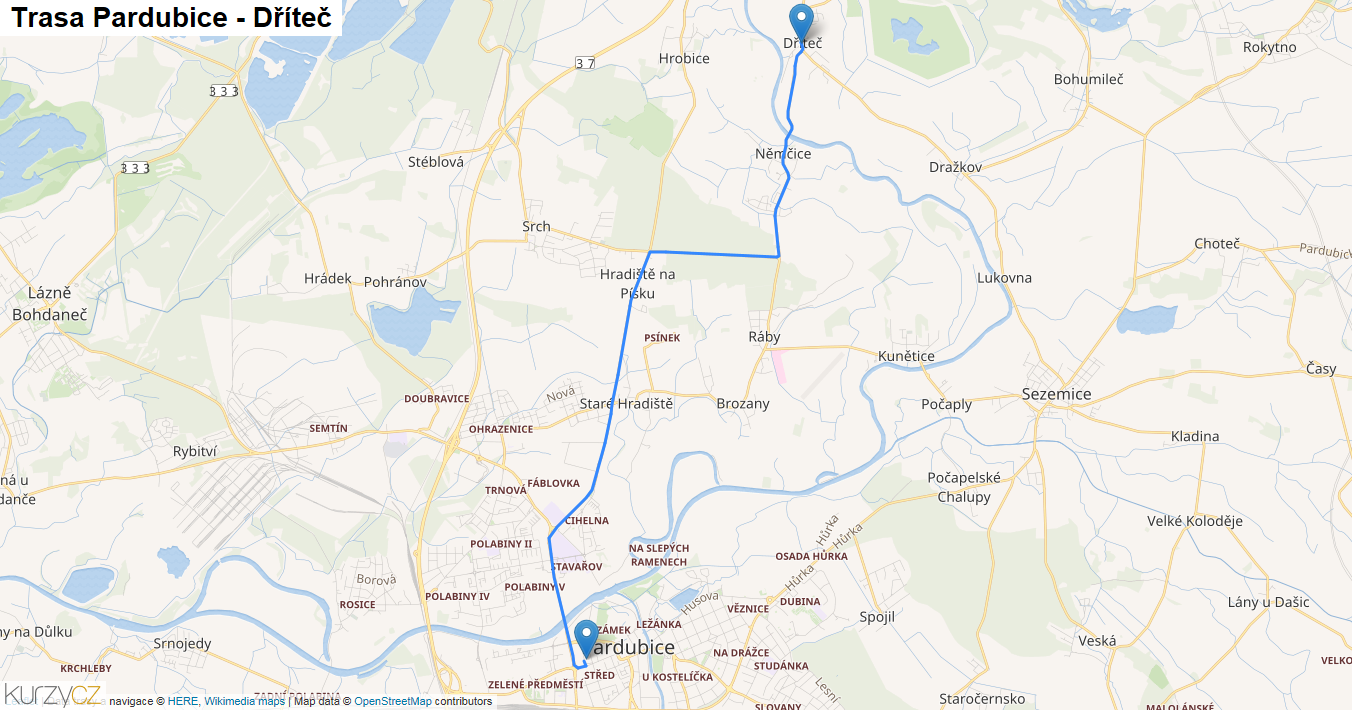 Pardubice-Dříteč, mapa trasy