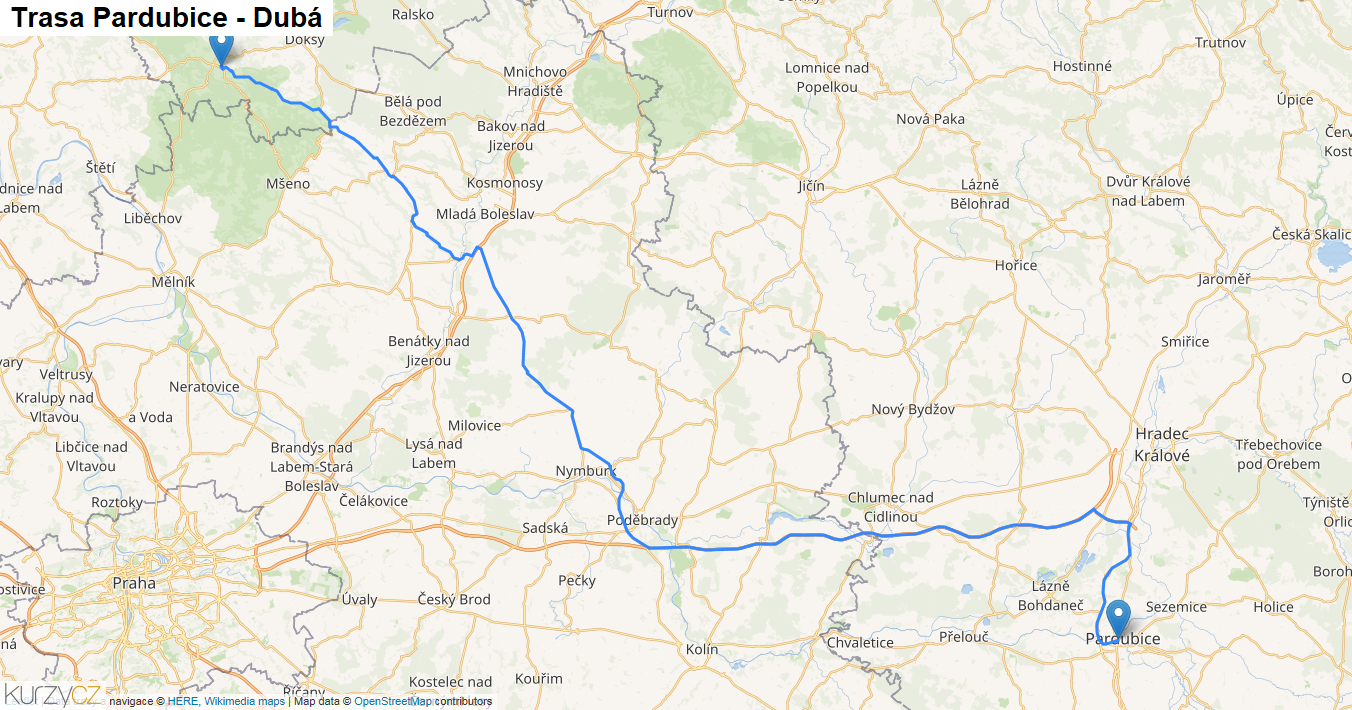 Pardubice-Dubá, mapa trasy