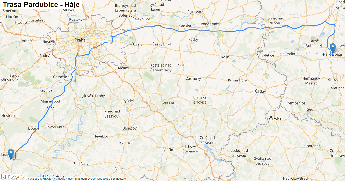 Pardubice-Háje, mapa trasy