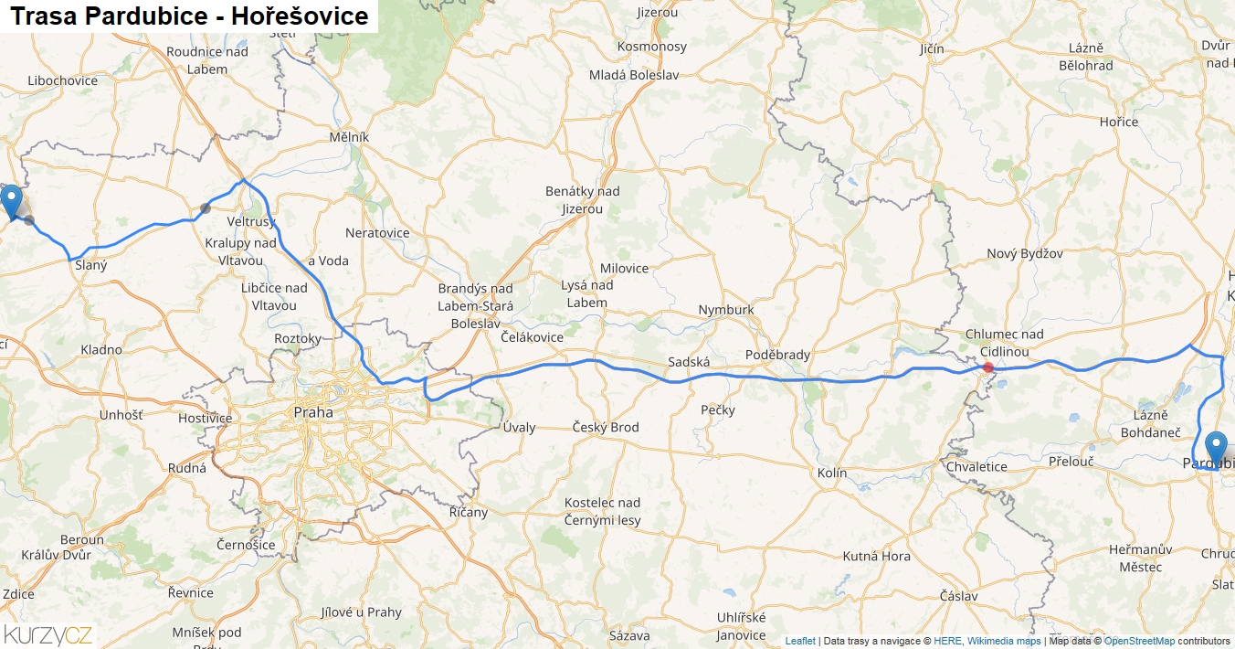 Pardubice-Hořešovice, mapa trasy