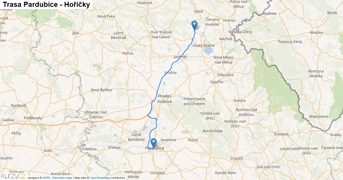 Pardubice-Hořičky, mapa trasy