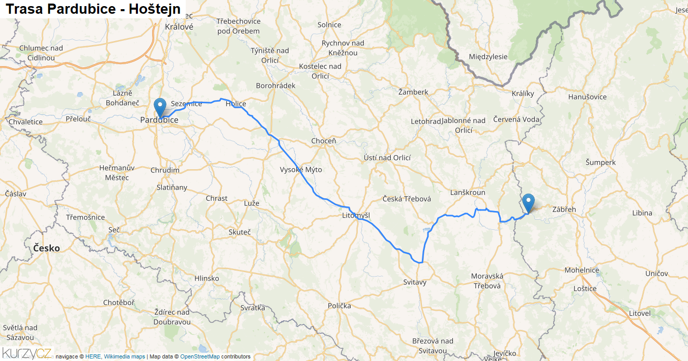 Pardubice-Hoštejn, mapa trasy