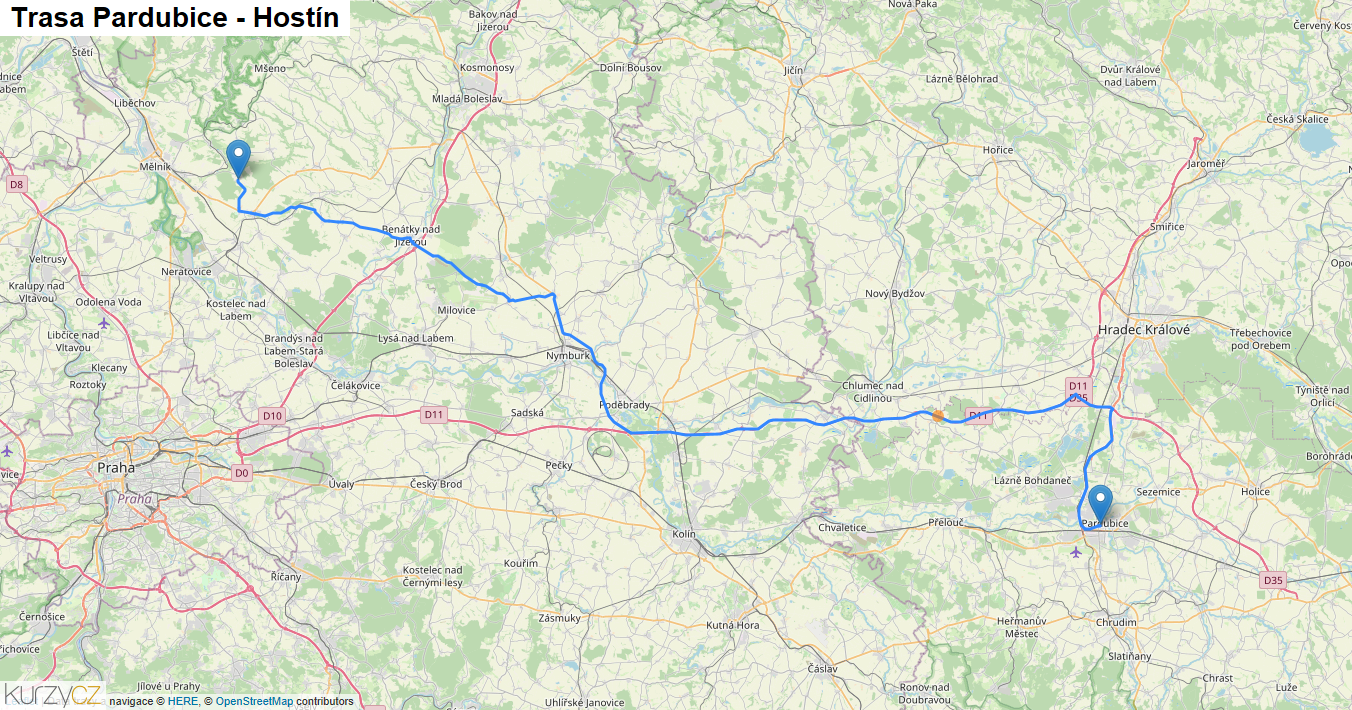 Pardubice-Hostín, mapa trasy