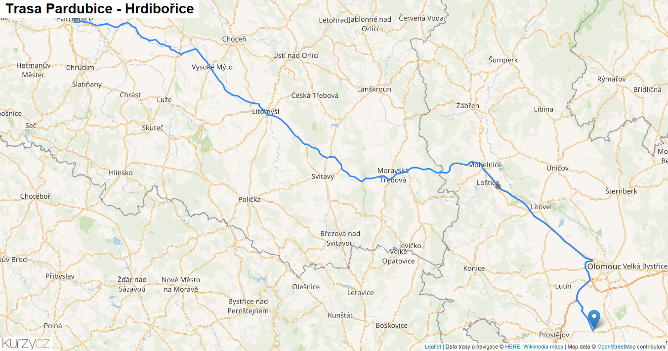 Pardubice-Hrdibořice, mapa trasy