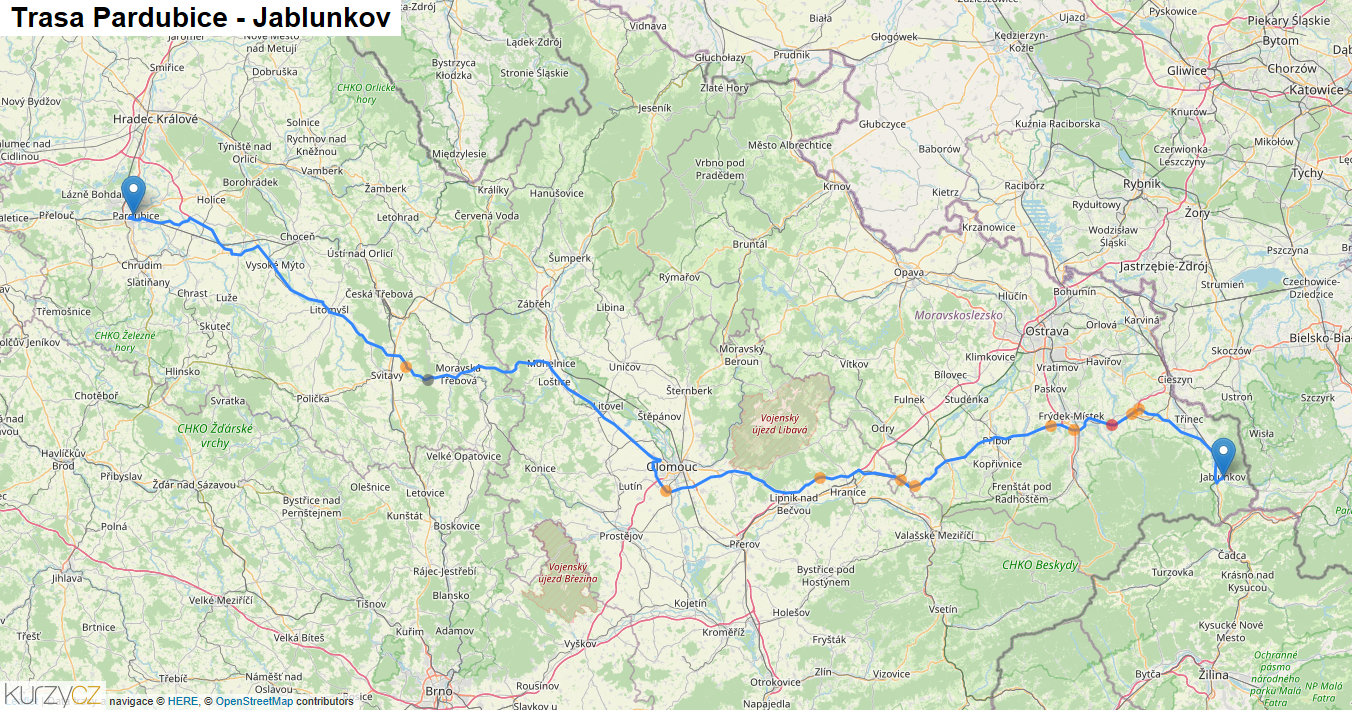 Pardubice-Jablunkov, mapa trasy