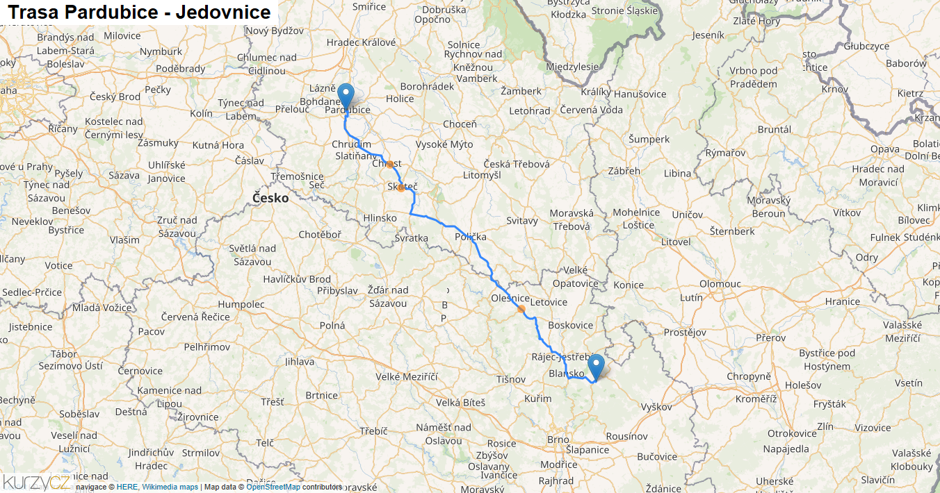 Pardubice-Jedovnice, mapa trasy