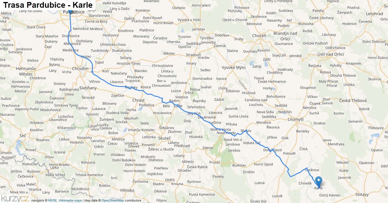 Pardubice-Karle, mapa trasy