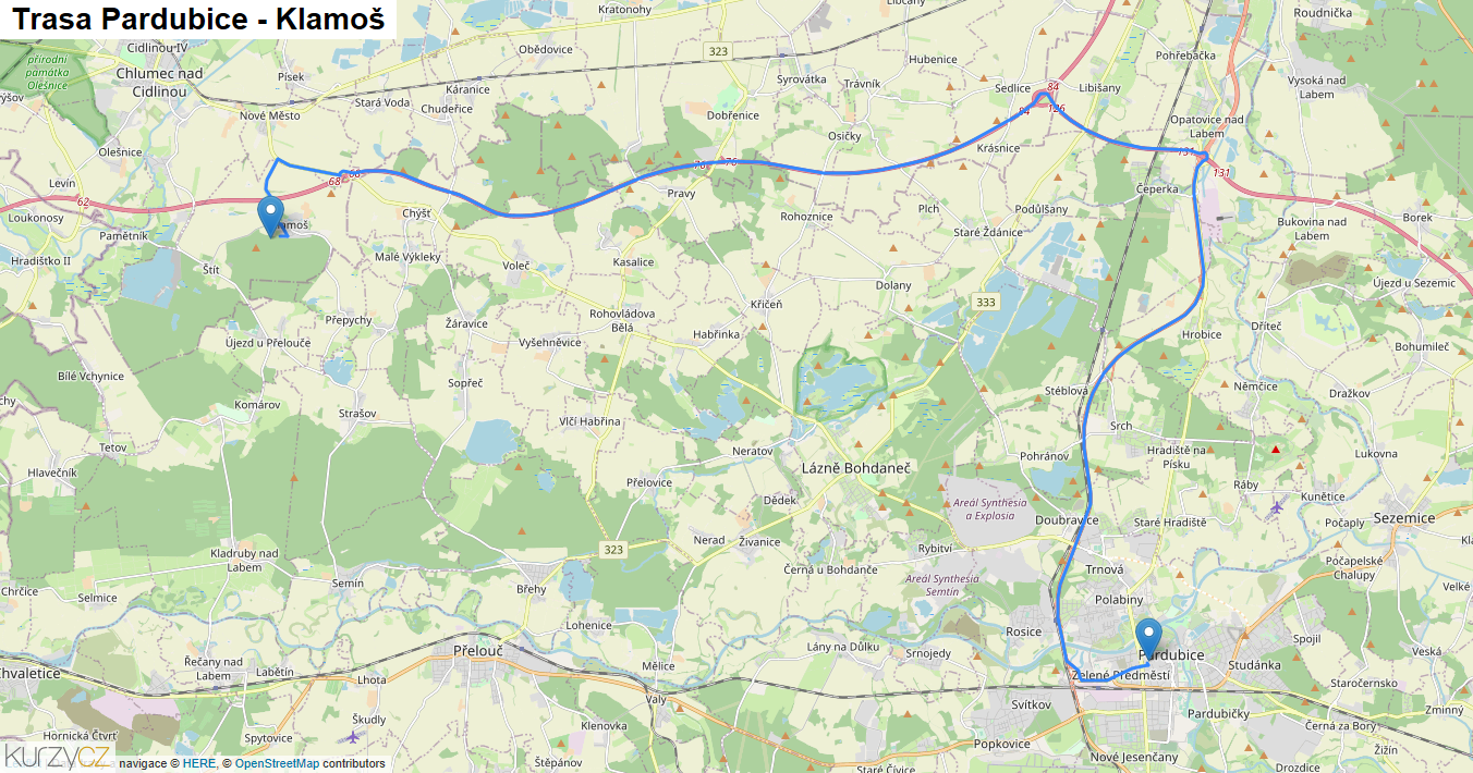 Pardubice-Klamoš, mapa trasy