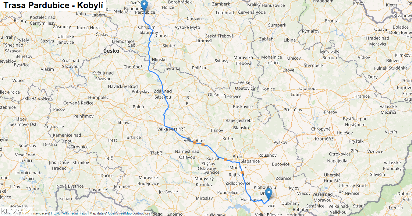 Pardubice-Kobylí, mapa trasy