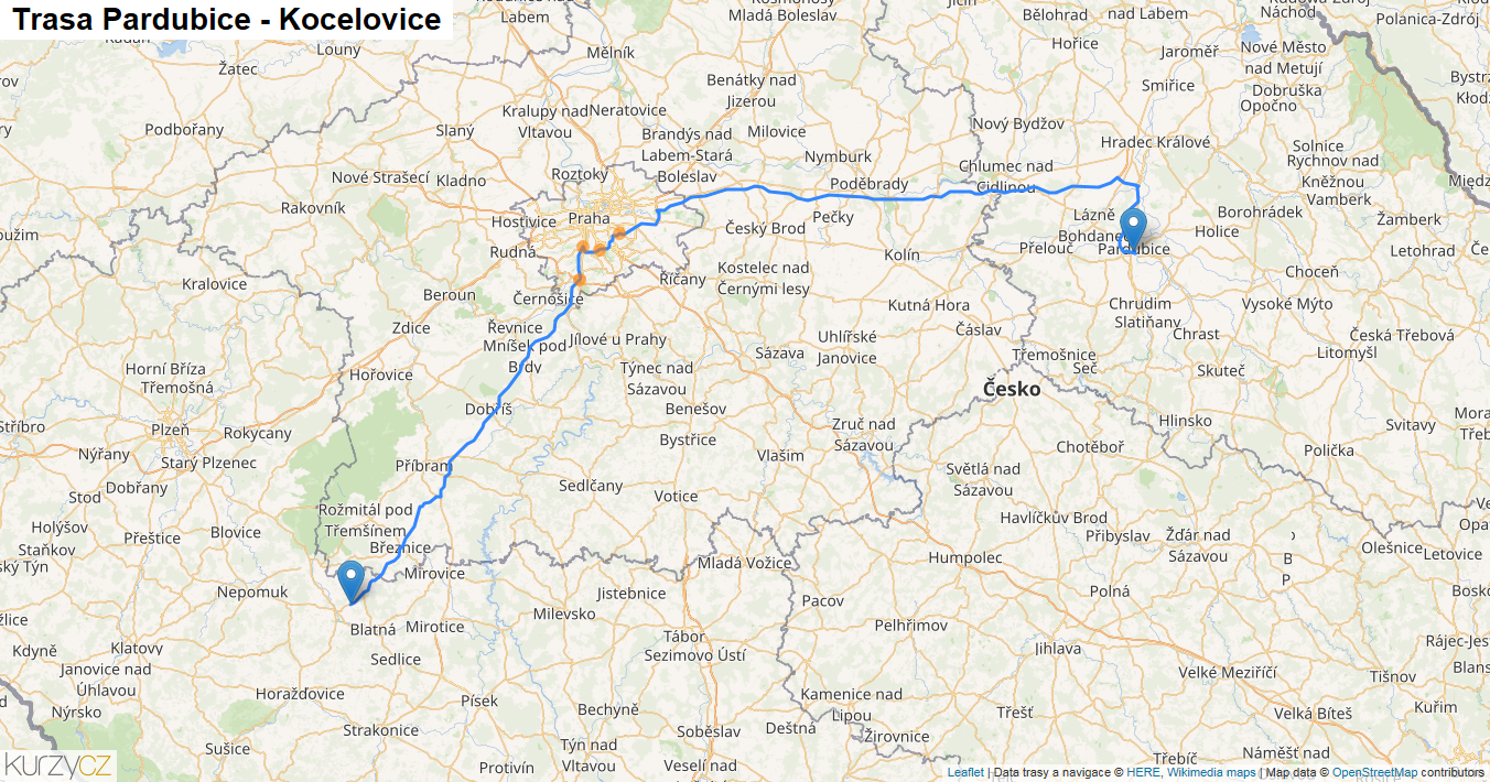 Pardubice-Kocelovice, mapa trasy