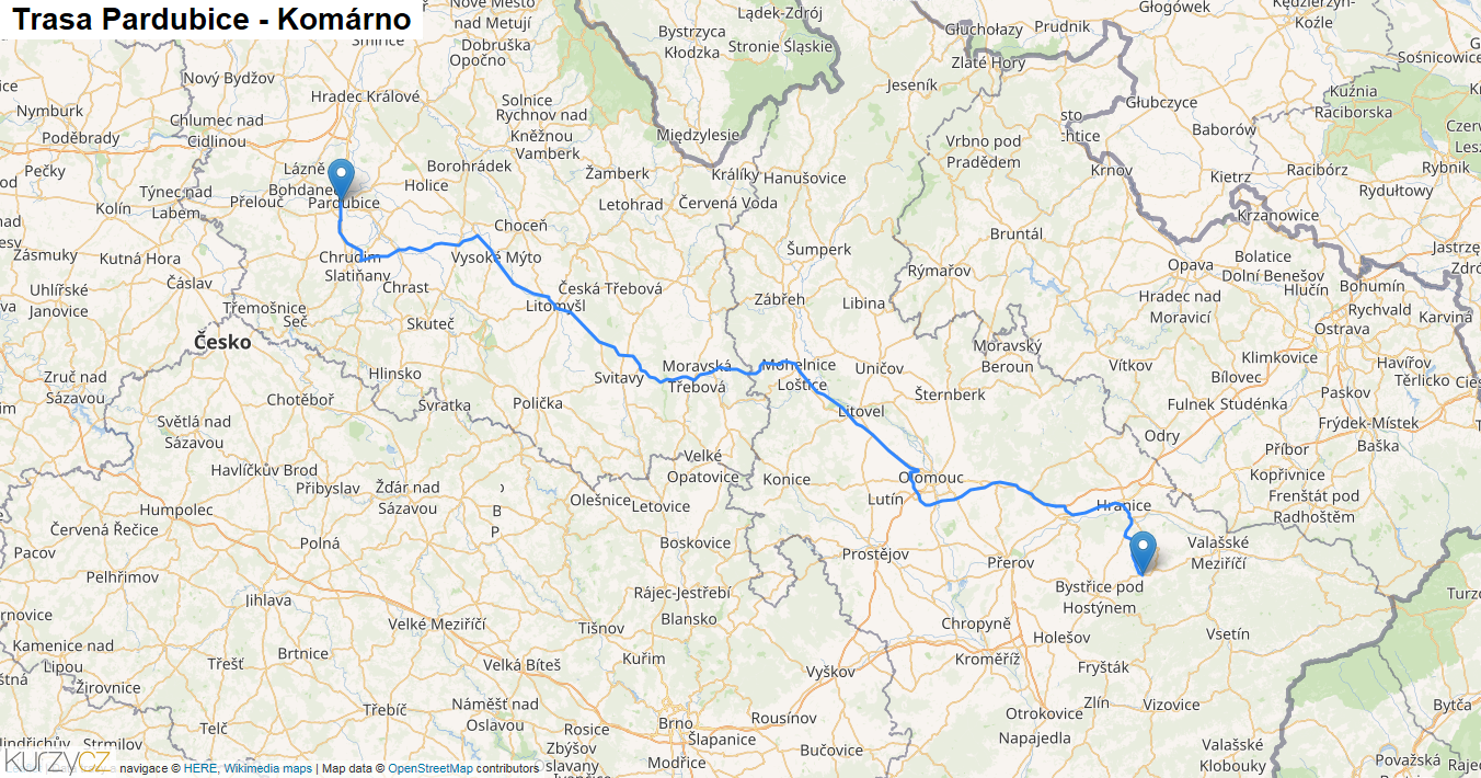 Pardubice-Komárno, mapa trasy