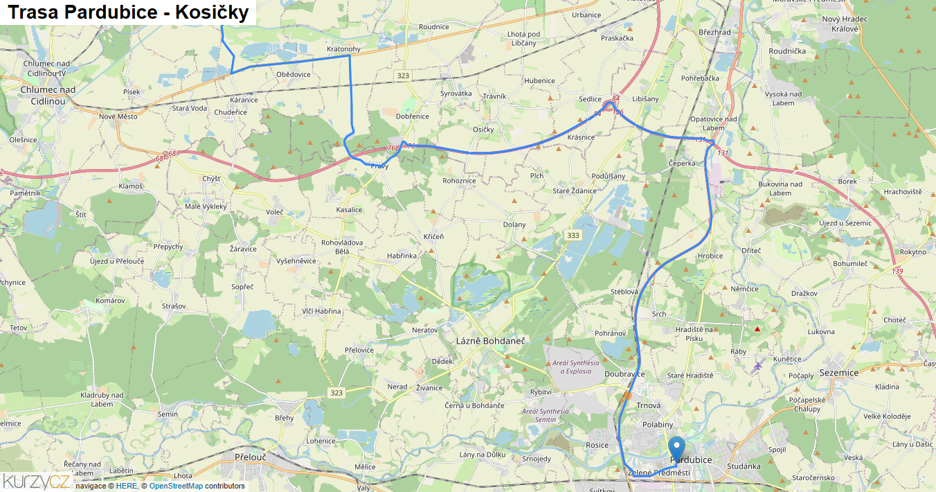 Pardubice-Kosičky, mapa trasy