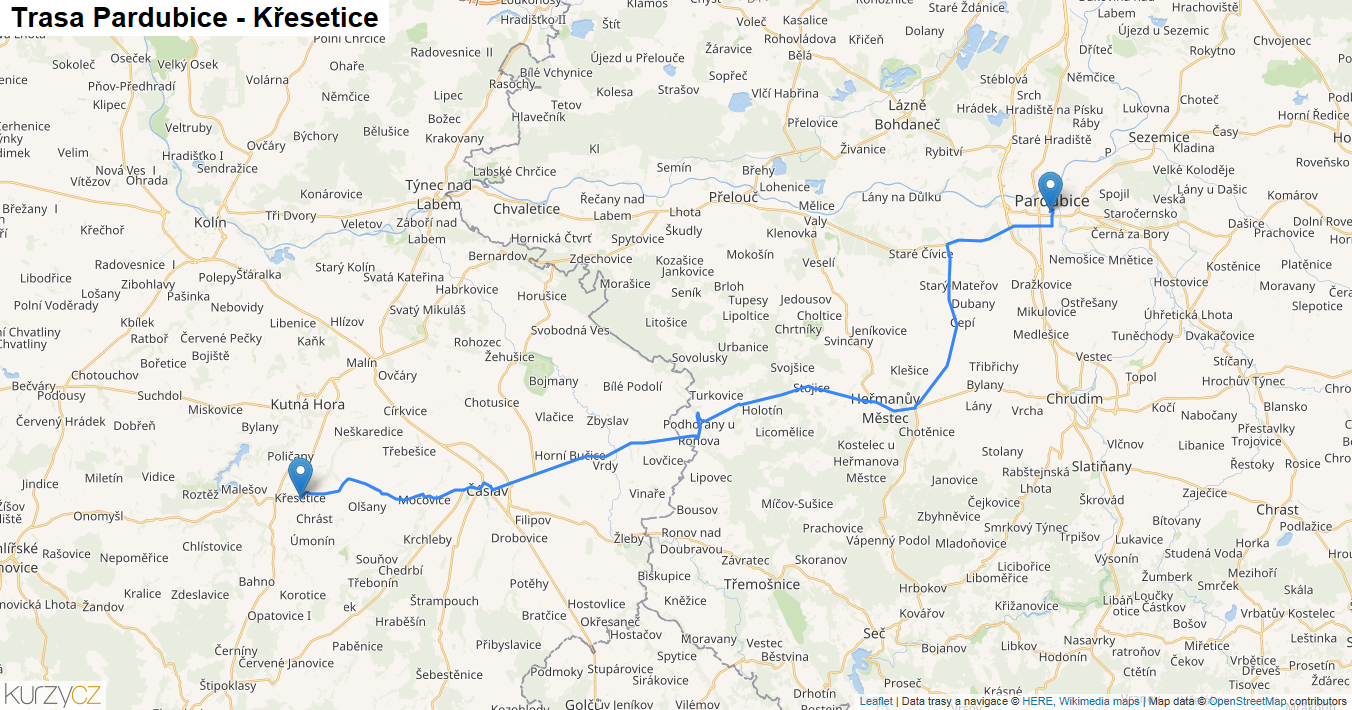 Pardubice-Křesetice, mapa trasy
