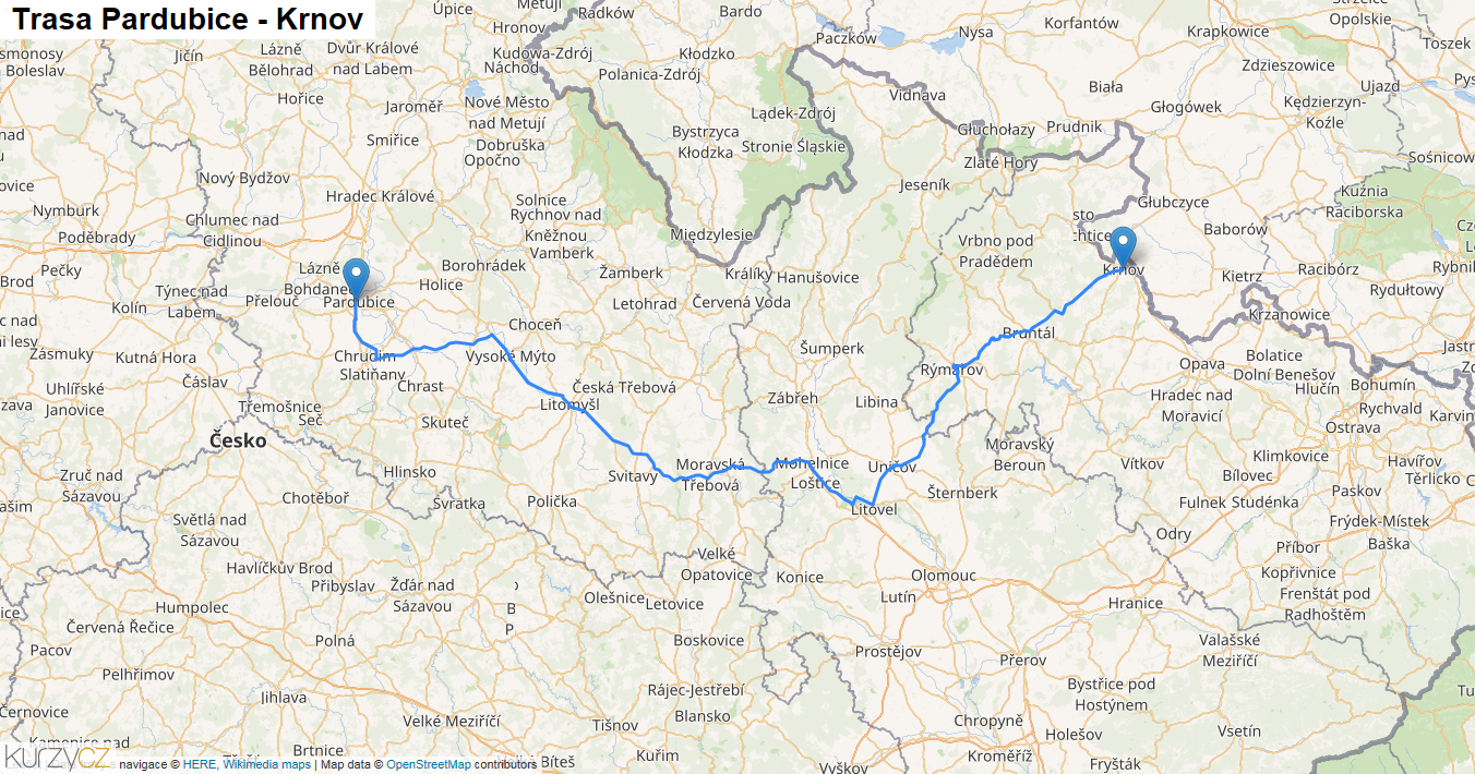 Pardubice-Krnov, mapa trasy