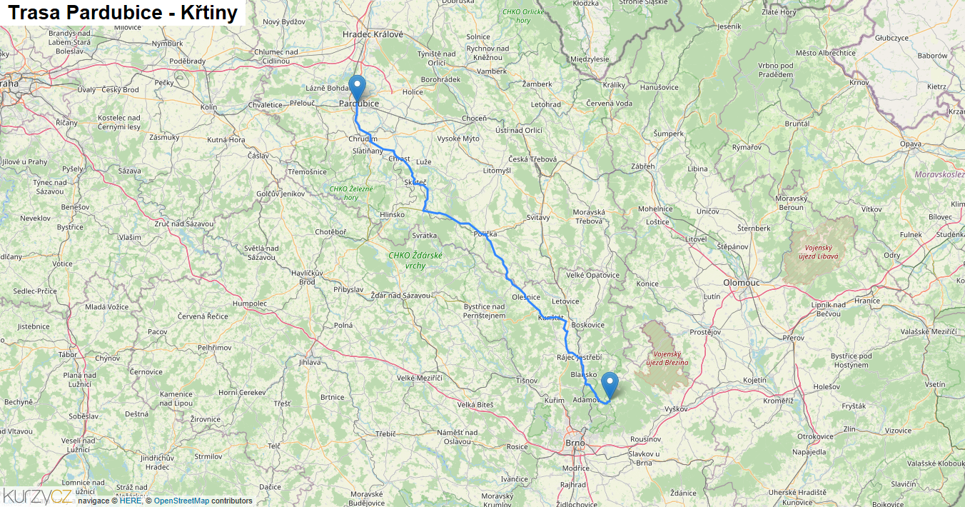 Pardubice-Křtiny, mapa trasy