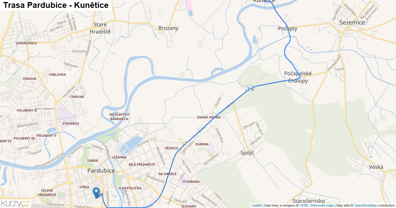 Pardubice-Kunětice, mapa trasy