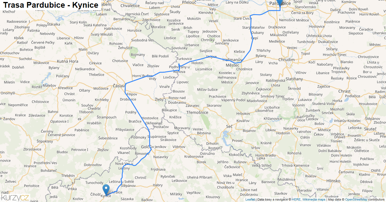 Pardubice-Kynice, mapa trasy