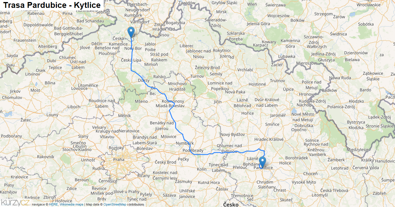 Pardubice-Kytlice, mapa trasy