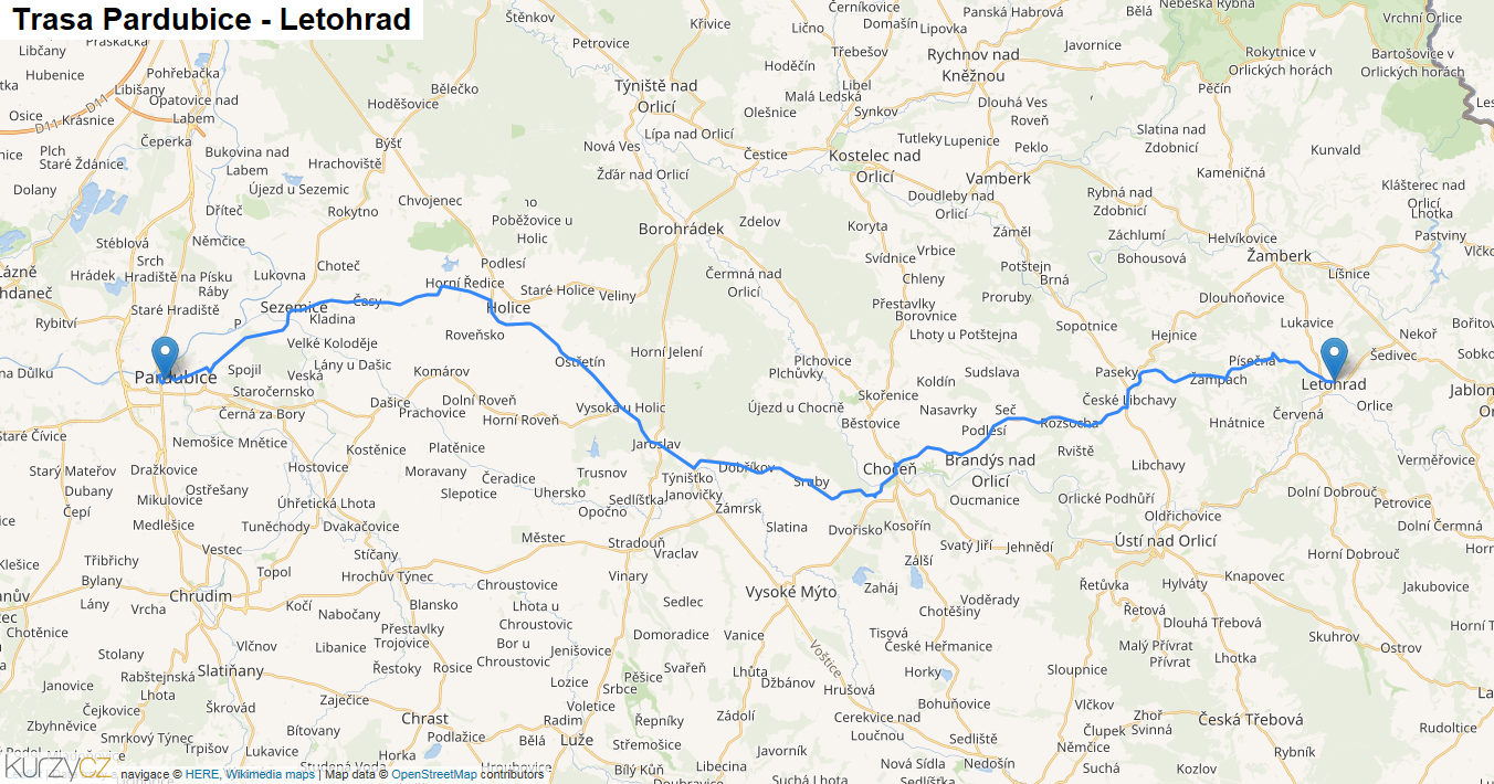 Pardubice-Letohrad, mapa trasy