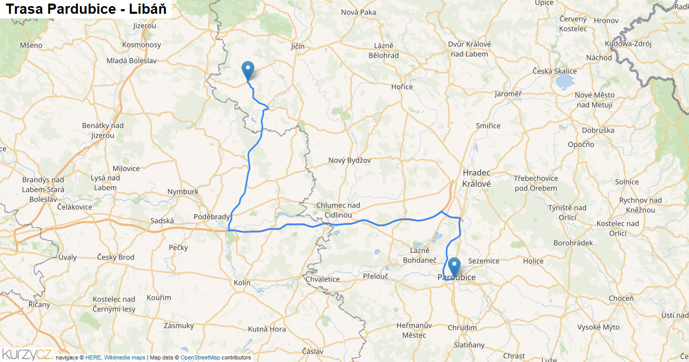 Pardubice-Libáň, mapa trasy