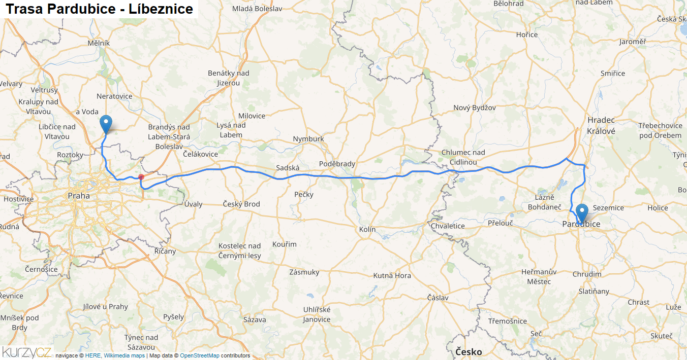 Pardubice-Líbeznice, mapa trasy