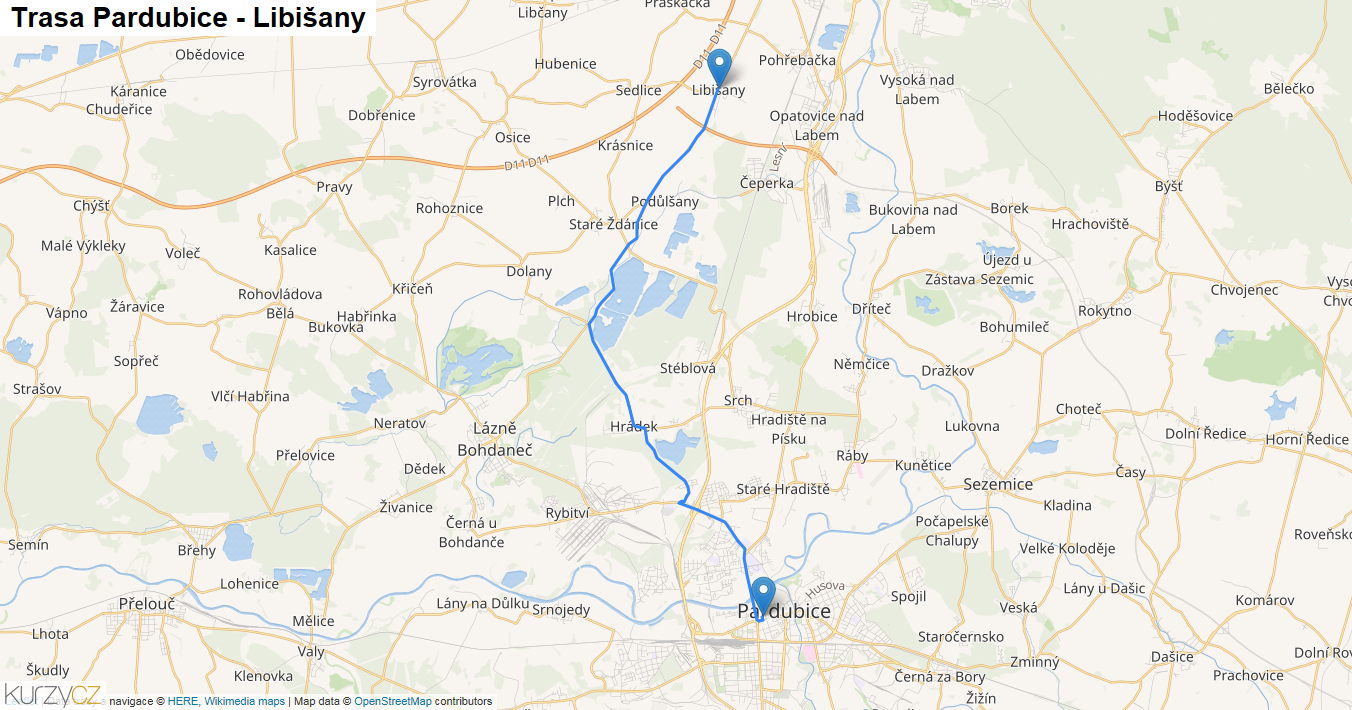 Pardubice-Libišany, mapa trasy