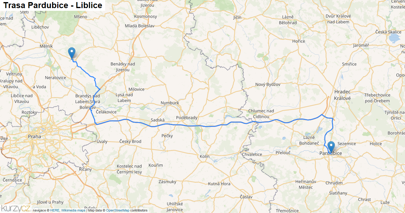 Pardubice-Liblice, mapa trasy