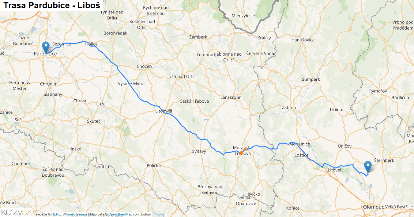 Pardubice-Liboš, mapa trasy