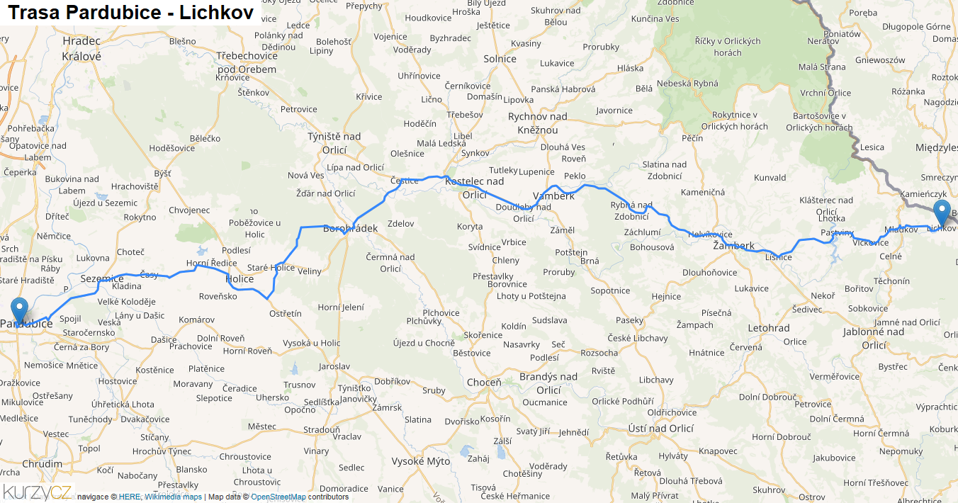 Pardubice-Lichkov, mapa trasy
