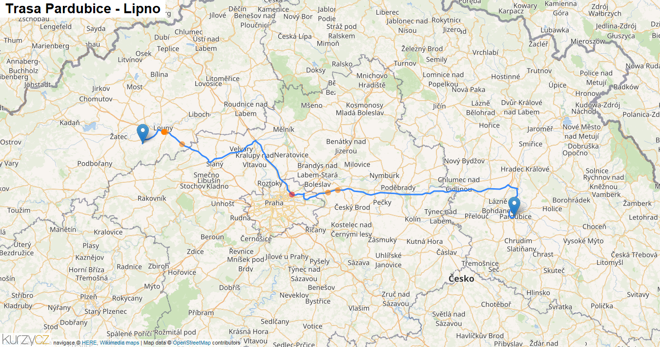 Pardubice-Lipno, mapa trasy