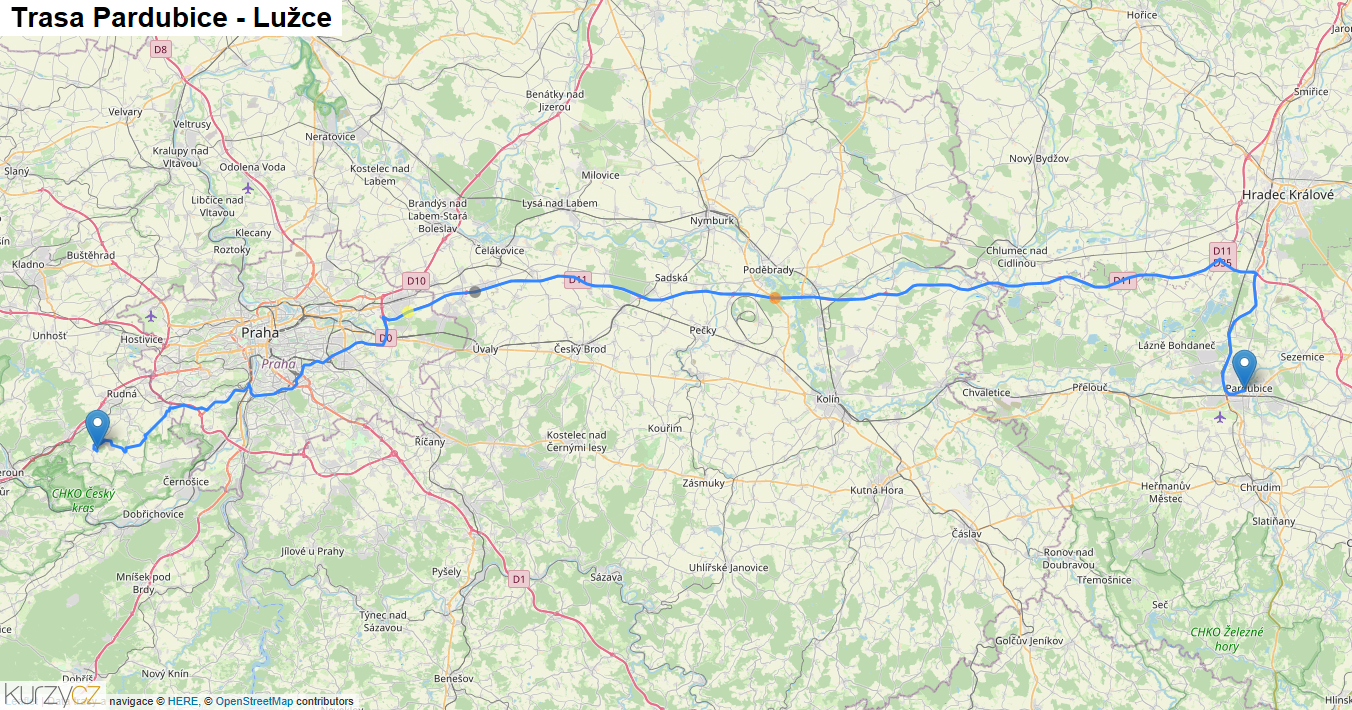 Pardubice-Lužce, mapa trasy