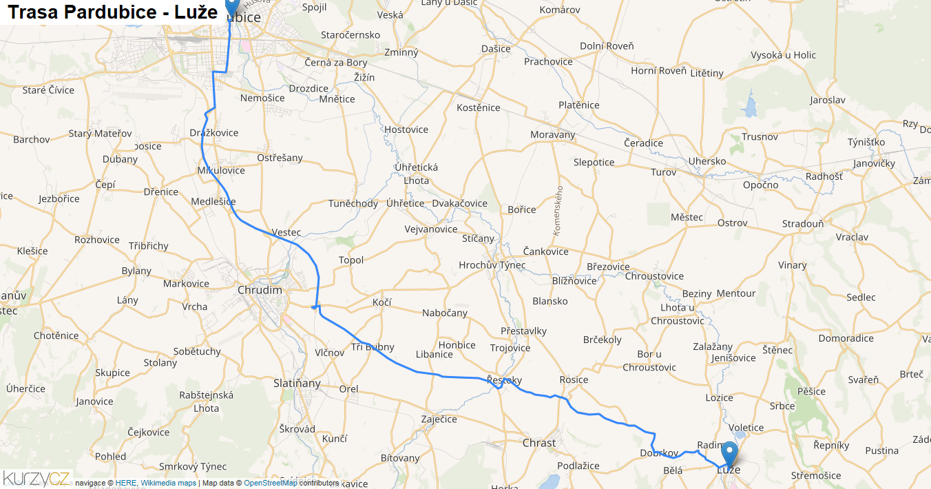 Pardubice-Luže, mapa trasy