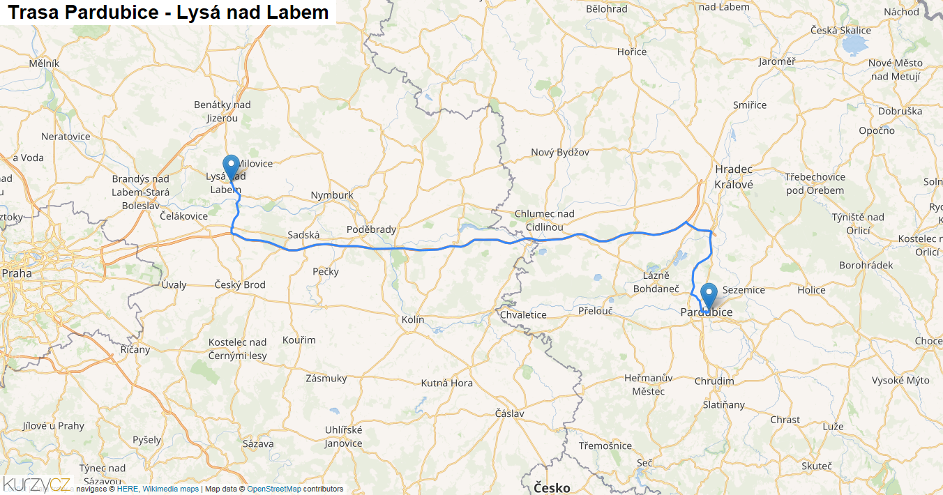 Pardubice-Lysá nad Labem, mapa trasy