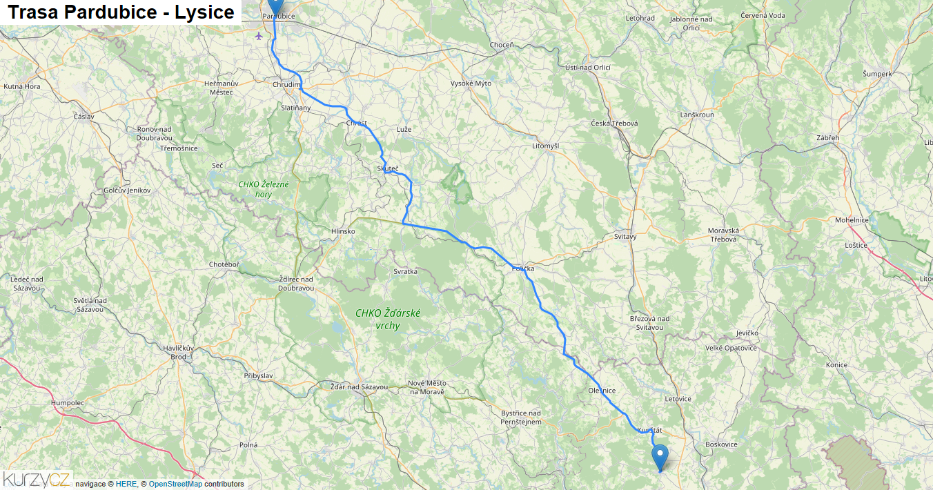 Pardubice-Lysice, mapa trasy