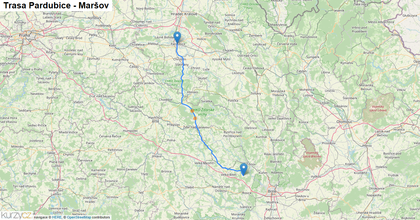 Pardubice-Maršov, mapa trasy