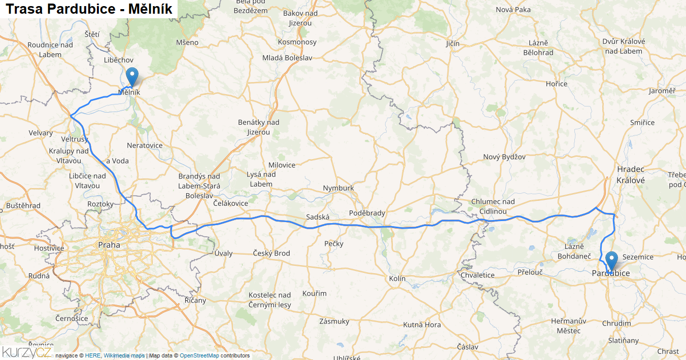 Pardubice-Mělník, mapa trasy
