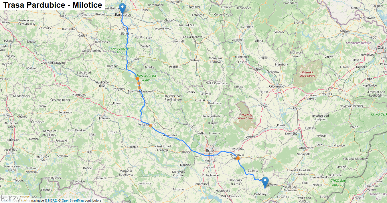 Pardubice-Milotice, mapa trasy